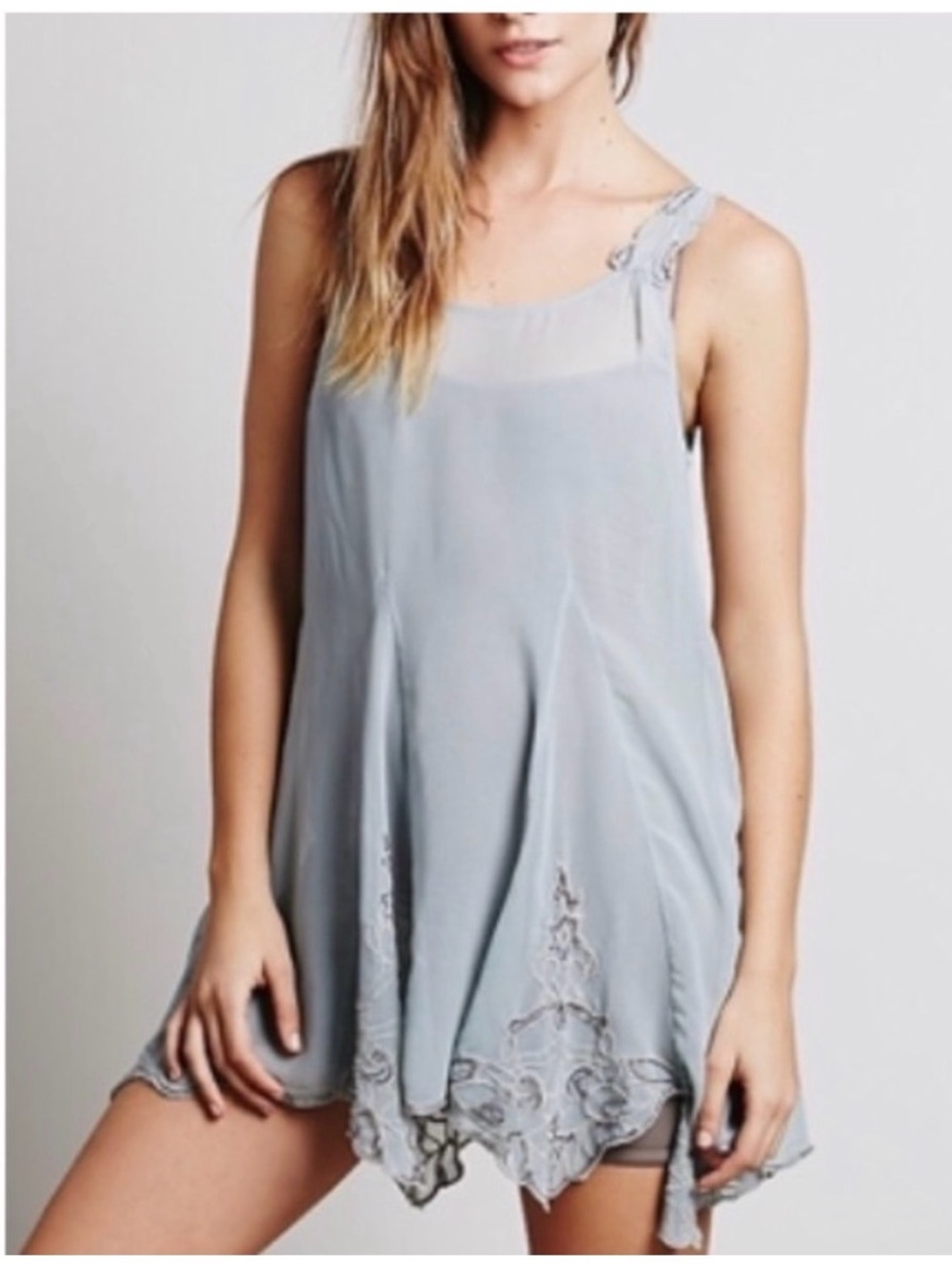 Free People Pale Blue Chiffon Slip Dress with Embroidered Strap